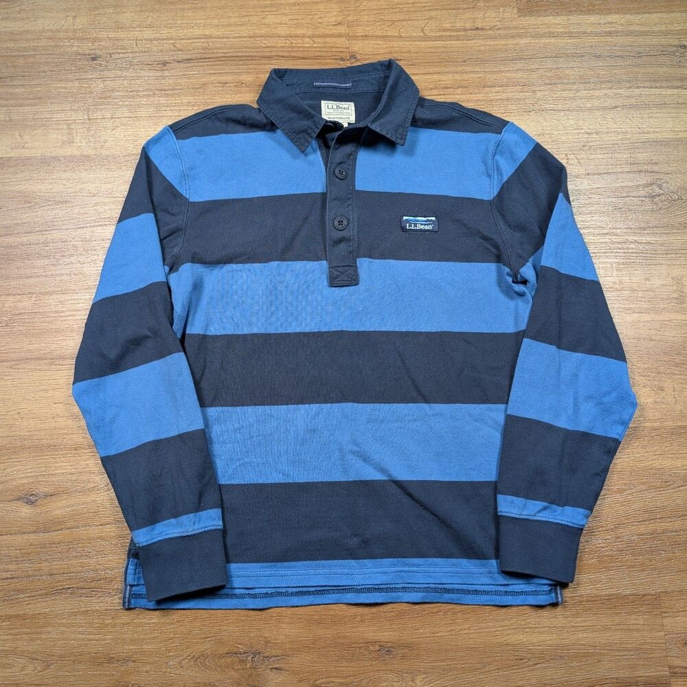 LL Bean Soft Rugby Shirt Men's Small Blue Striped Long Sleeve Traditional Fit